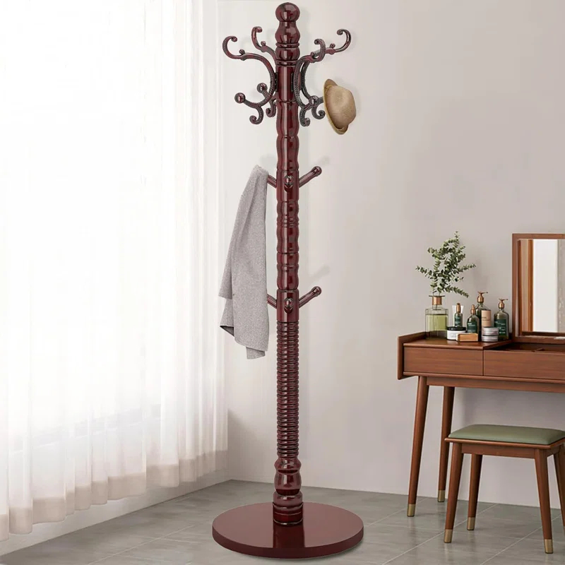 Red Barrel Studio® Wood Coat Rack Stand, Wooden Coat Rack Freestanding With Sturdy Round Base, Coat Racks With 14 Hooks, Natural Birch Wood Entryway Coat Tree Hanger Stand Easy To Assemble