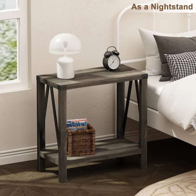 Farmhouse End Table For Small Spaces, Narrow Side End Table With Storage Shelf, Rustic A-Design Nightstand Sofa Table For Living Room, Bedroom 2 Pack