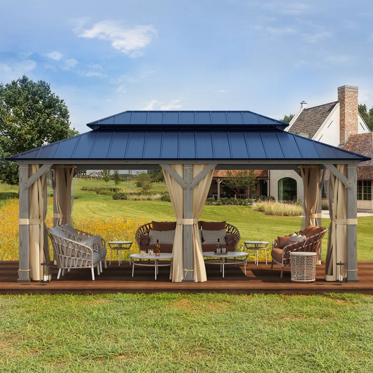 EROMMY 12' X 20' Outdoor Spruce Hardtop Gazebo For Patios, Spruce Framed Gazebo With Double Roof, Solid Wooden Framed Gazebo With Privacy Curtains For Patio Lawn, Garden, Backyard