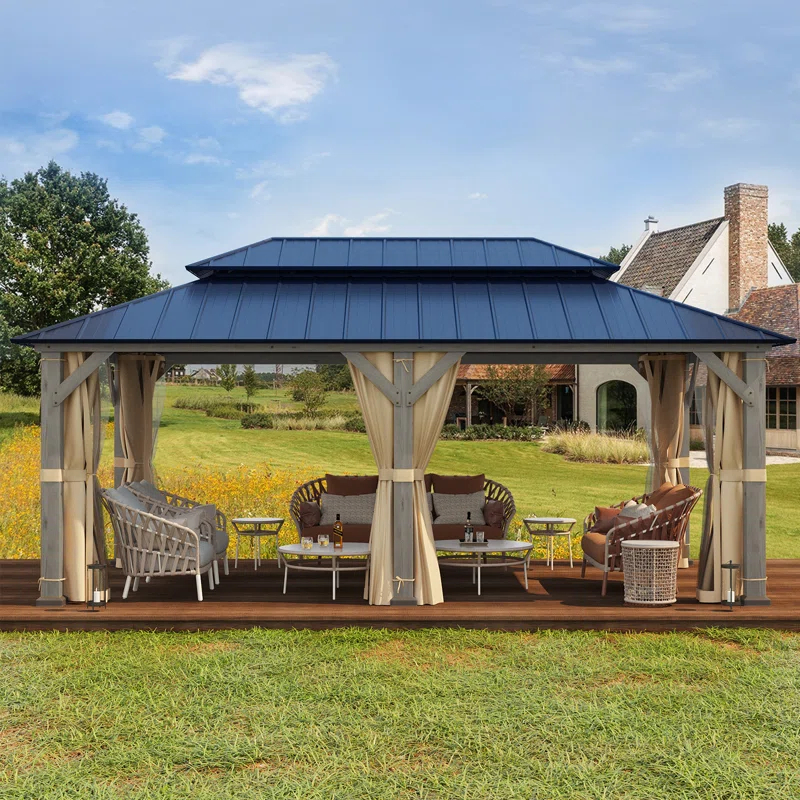 EROMMY 12' X 20' Outdoor Spruce Hardtop Gazebo For Patios, Spruce Framed Gazebo With Double Roof, Solid Wooden Framed Gazebo With Privacy Curtains For Patio Lawn, Garden, Backyard