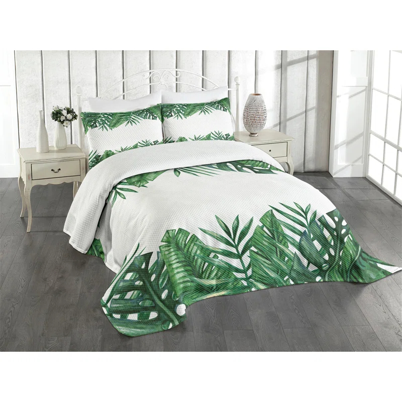 Ambesonne Ambesonne Palm Leaf Bedspread Set Forest Leaves Frame Hunter Green