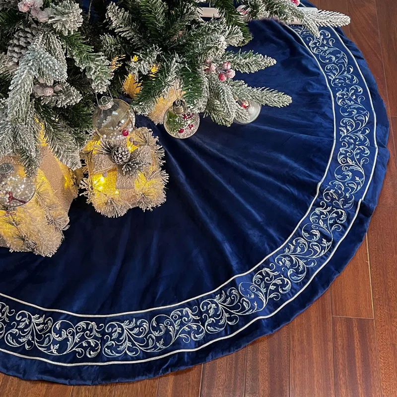 SHIRLEY'S OFFICE FURNITURE, LLC Christmas Tree Skirt 60 Inch, Blue Luxury Extra Large Skirts With Silver Embroidered Vintage Pattern, Classic Retro Christmas Tree Decorations Gifts