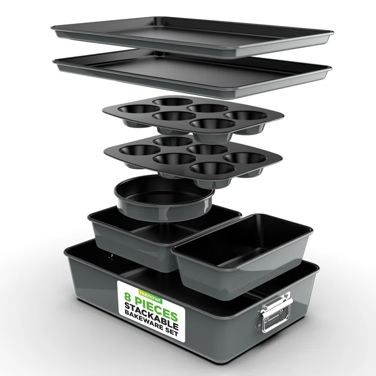 NutriChef 8-Piece Nonstick Stackable Bakeware Set - Pfoa, Pfos, Ptfe Free Baking Tray Set W/ Non-Stick Coating, 450°F Oven Safe, Round Cake, Loaf, Muffin, Wide/Square Pans, Cookie Sheet