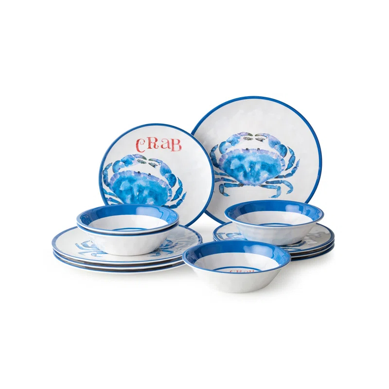 Certified International Beach House Crab 12-Piece Melamine Dinnerware Set – Blue & White Nautical-Themed Plates & Bowls – Shatterproof, Lightweight, and Dishwasher-Safe Coastal Tableware for Indoor & Outdoor Dining