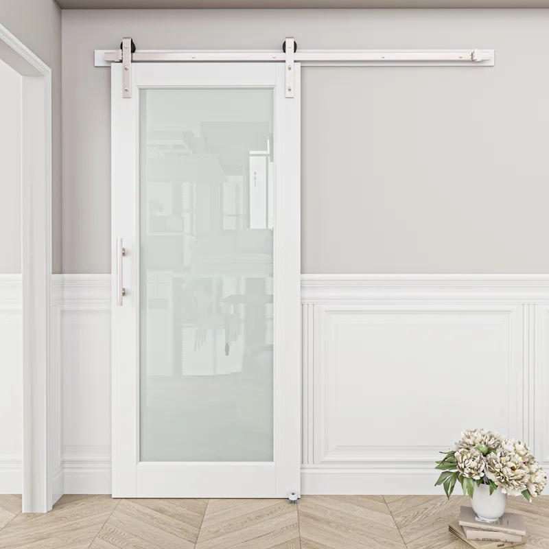 Home Worthy Frosted Glass Solid Manufactured Wood Painted Sliding Barn Door with Nickel-Hardware Kit(No Assembly Required)