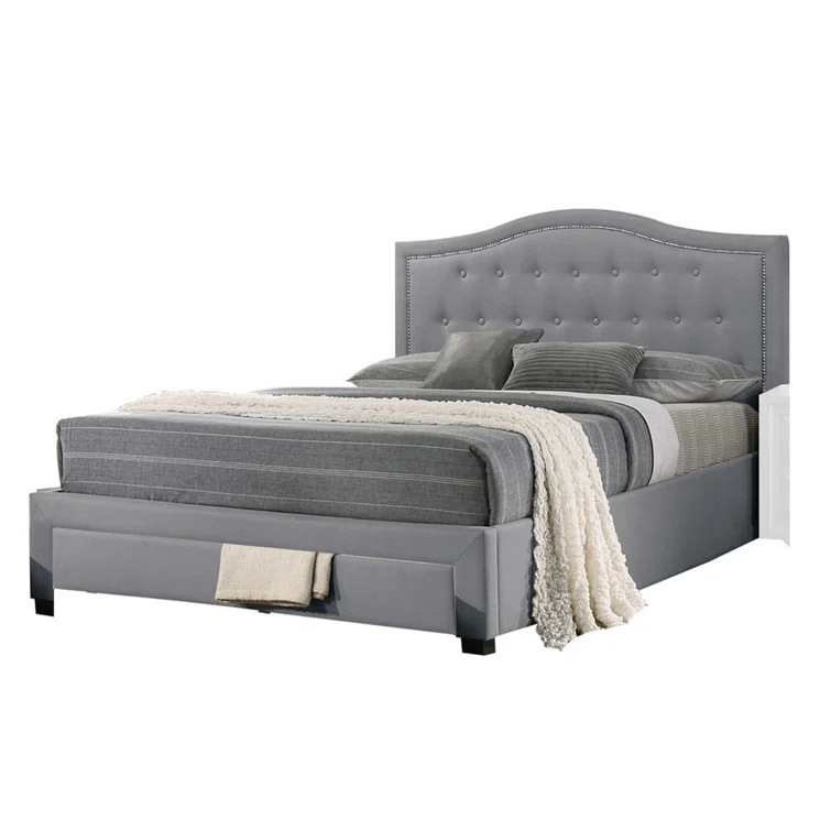 Benjara Sey  Bed W Storage Footboard, Light Gray Burlap Upholstery