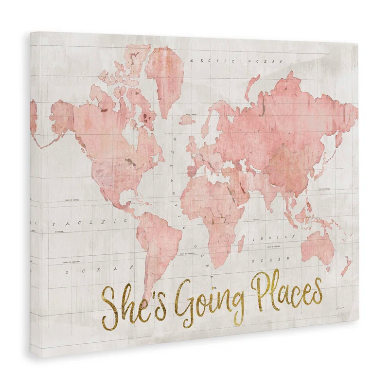 Stupell Industries She's Going Places Quote Pink Watercolor World Map by Sue Schlabach - Print
