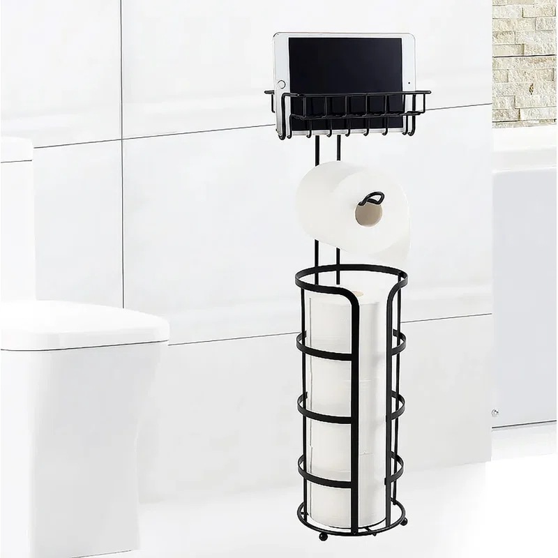 Home Mart Goods TP-Holder-3171-BK 25" Tall - Matte Black Toilet Paper Storage Stand Holder With Phone Shelf