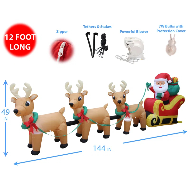 The Holiday Aisle® 12 Foot Long Merry Christmas Lighted Inflatable  Santa Claus on Sleigh with 3 Reindeer Pulled by Reindeer Indoor / Outdoor Happy Holiday Blow Up Yard Garden Decoration & Reviews | Wayfair