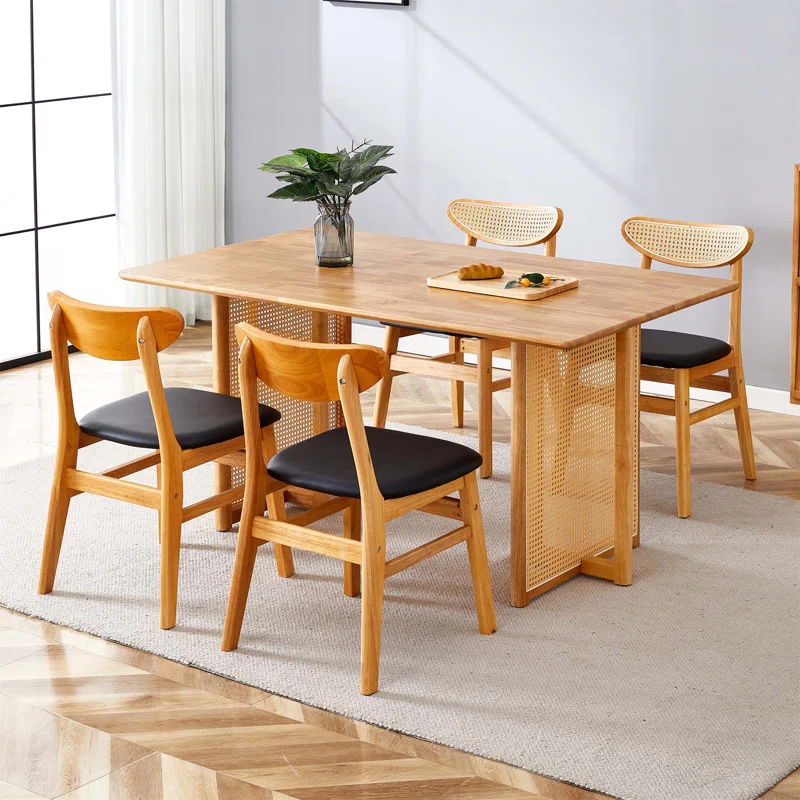 Corrigan Studio® Walshaw Table And Chair Set, Ancient Style Solid Wood Dining Table, Imitation Rattan Table Legs, Beautiful Simple Solid Wood Dining Chair, Perfect For Dinner, Meetings, Home And Office Decoration