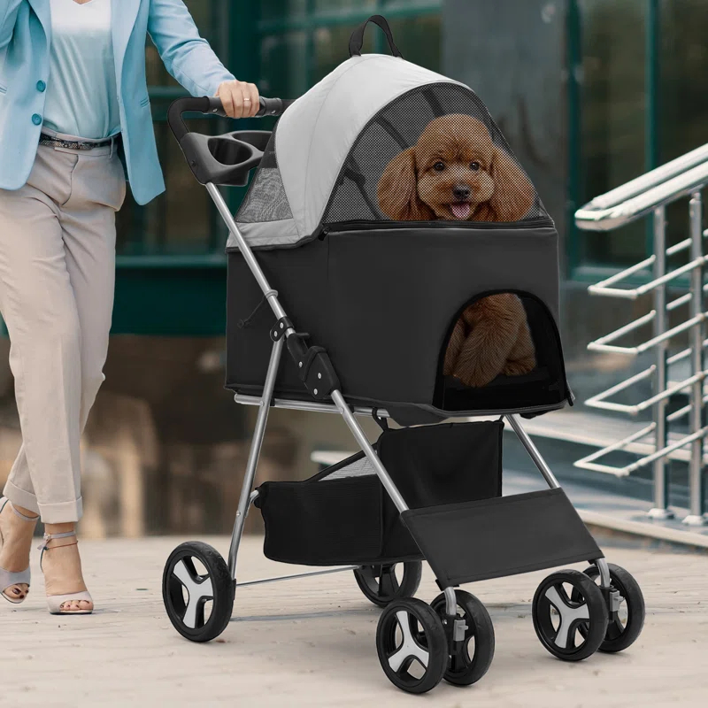 MoNiBloom Folding Pet Stroller, Foldable Dog Jogger Stroller with Detachable Carrier, Basket and Cup Holder