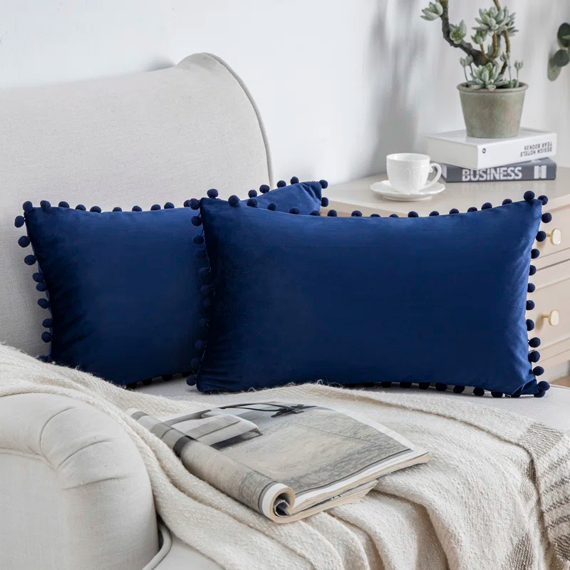 Phantoscope Velvet Pompom Collection Tassels Reversible Throw Pillow (Set of 2)