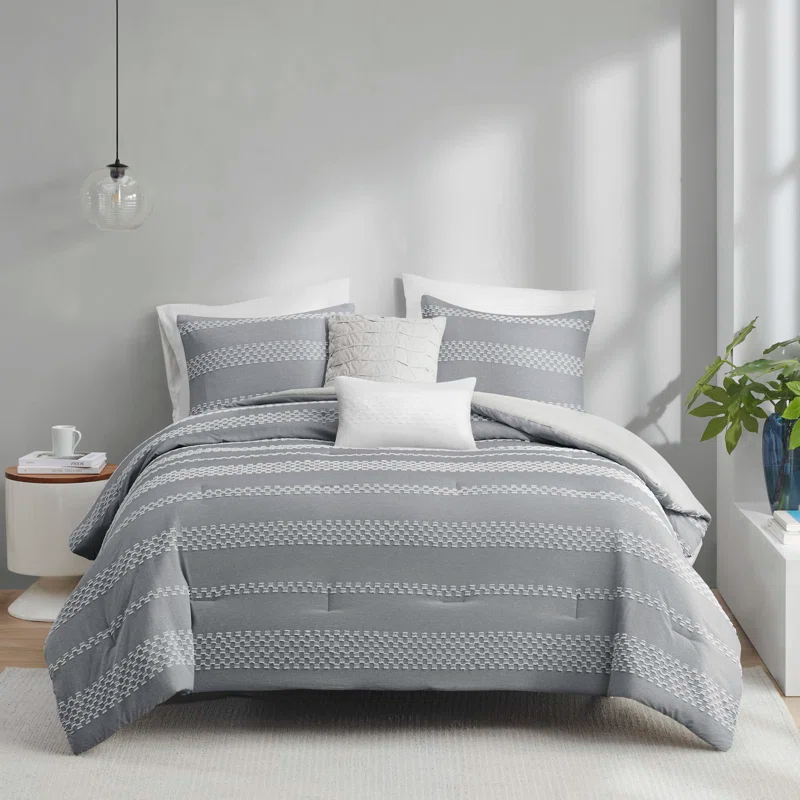 Madison Park Striped 5 Piece Clipped Jacquard Comforter Set with Throw Pillows