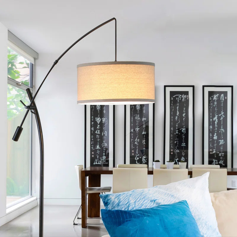 Brightech Grayson 84" Mid-Century Modern Height-Adjustable LED Arc Floor Lamp with Black Finish and Beige Cotton Fabric Drum Shade, Bulb Included