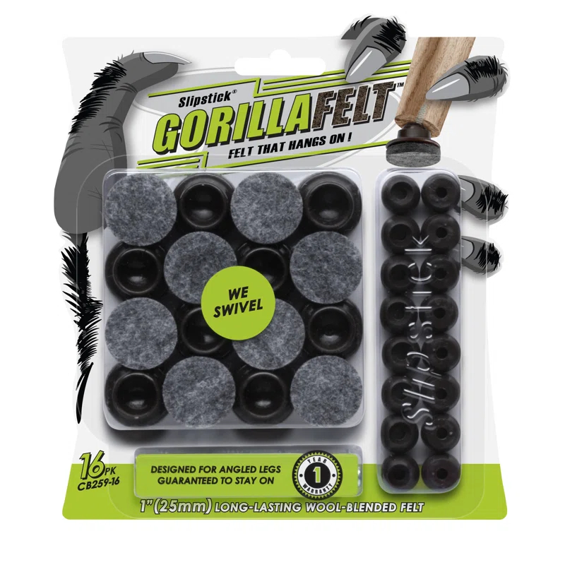 Slipstick Gorillafelt Cb259 Swivel Glide Felt Floor Protectors (16 Chair Glides) Screw On Felt Furniture Pads For Angled Chair Legs, 1 Inch Round Glides (Set of 16)