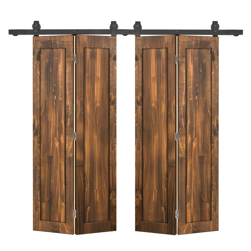 Calhome 1 Panel Shaker Pine Wood Double Bi-Fold Door with Sliding Barn Door Hardware Kit