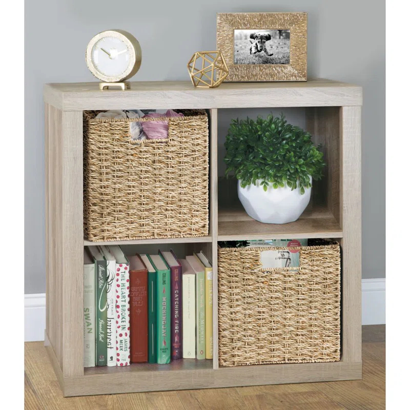 mDesign Seagrass Woven Cube Bin Basket Organizer, Handles (Set of 4)
