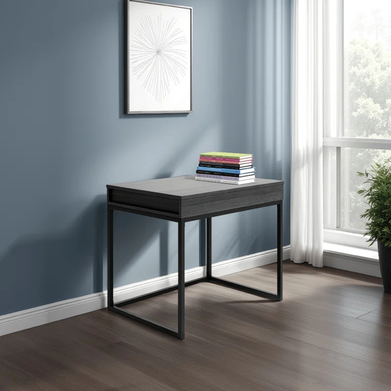 Benjara Yasmin Home Office Lift Top Desk, Dark Gray Wood, Black Metal, 36 Inch