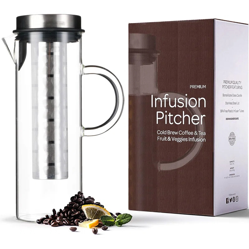 MODERN WALLS LLC B07WS8D4KF Cold Brew Coffee Maker - Large Glass Infusion Pitcher 1.6 Quarts 52Oz - Iced Coffee & Iced Tea Pitcher With Stainless Steel Lid & Fruit Infusion Tube - Perfect For Home Or Office