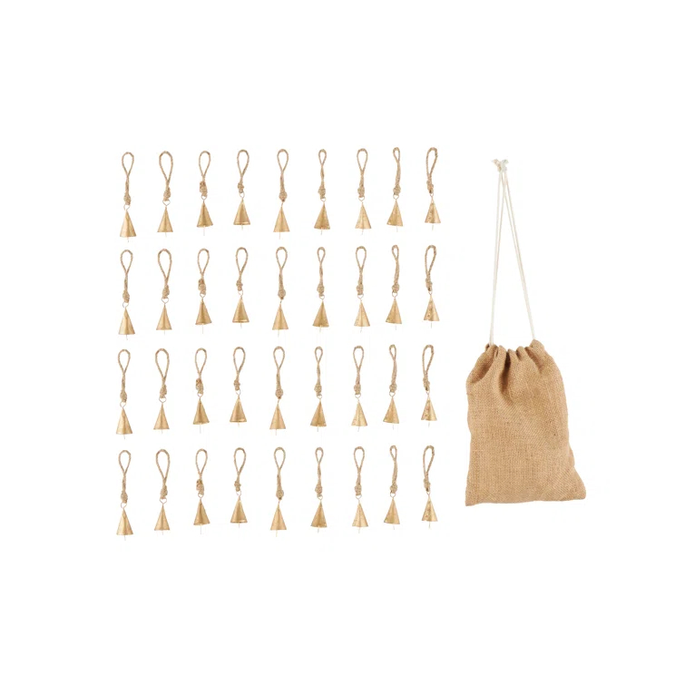 Rosalind Wheeler Metal Tibetan Inspired Indoor Outdoor Gold Decorative Bells With Brown Jute Rope And Canvas Drawstring Tote Set (Set of 36)