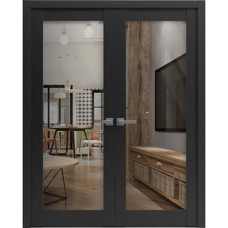 SARTODOORS Solid French Double Doors | Lucia 2166 Matte Black Clear Glass | Wood Solid Panel Frame Trims | Closet Bedroom