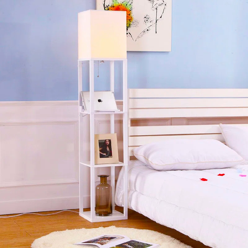 Brightech Maxwell 63 in. 3-Shelf USB-Charging LED Floor Lamp with Fabric Square Shade