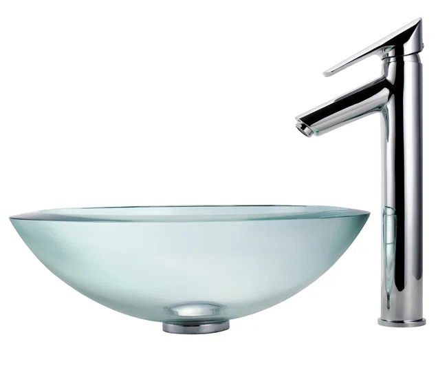 KRAUS 34 mm Clear Glass Vessel Sink with Pop-Up Drain and Mounting Ring