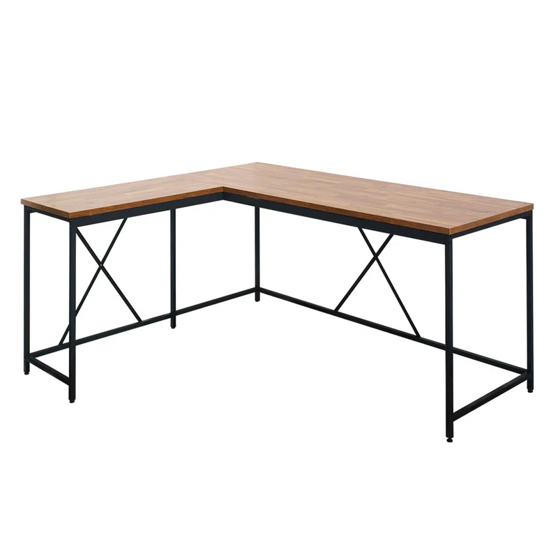 Benjara Posy Corner Desk, L Shaped Black Metal Frame, X Crossed, Wood Top