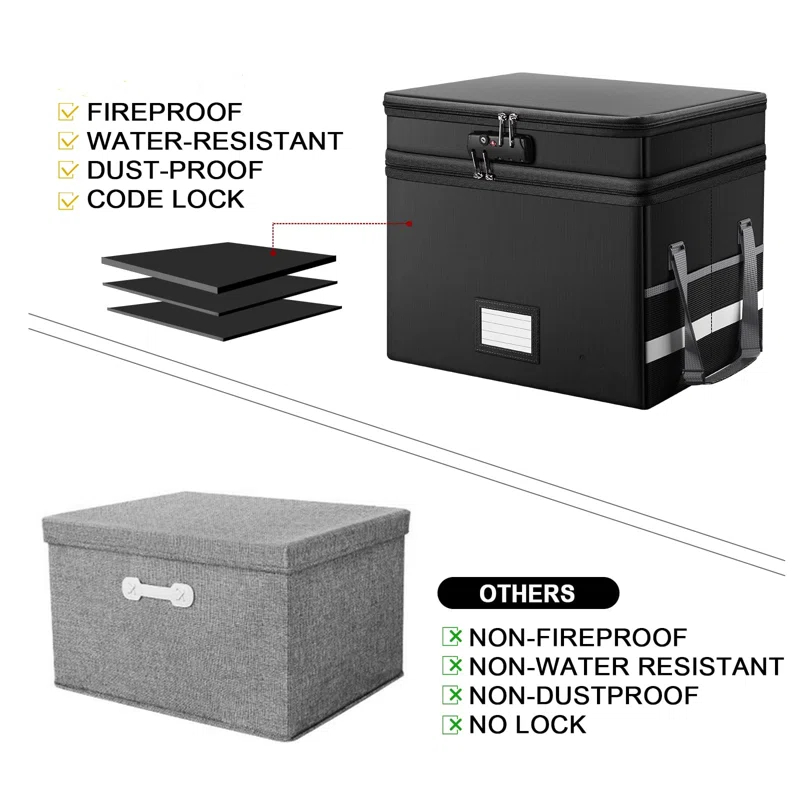 File Box With Lock,Multi-Layer Fireproof Document Box Collapsible File Storage Organizer With Pockets/Handle,Large Portable Home Office Filing Box For Hanging Letter/Legal Size Folders