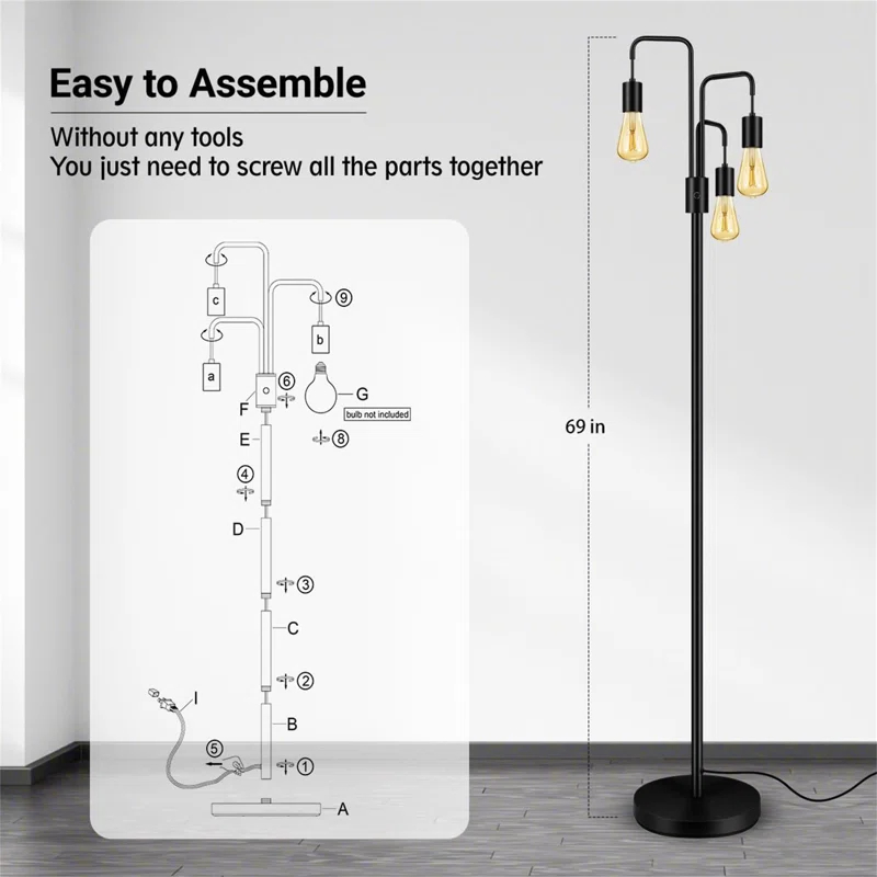 Living Room Industrial Floor Lamp, Modern Floor Lamp Standing Lamp With 3 Lights, Bulbs Not Included,