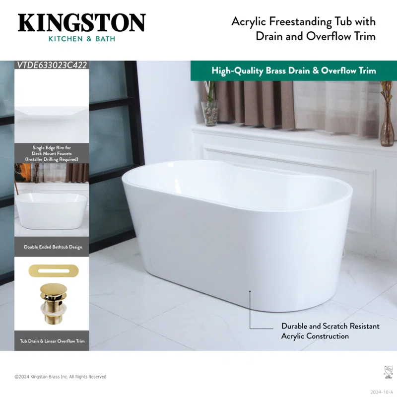 Kingston Brass Aqua Eden 63-Inch Acrylic Oval Double Ended Freestanding Tub With Drain