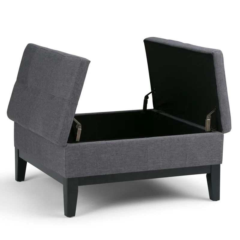 Simpli Home Dover 36"W Upholstered Square Coffee Table Storage Ottoman with Split Tufted Lift Top