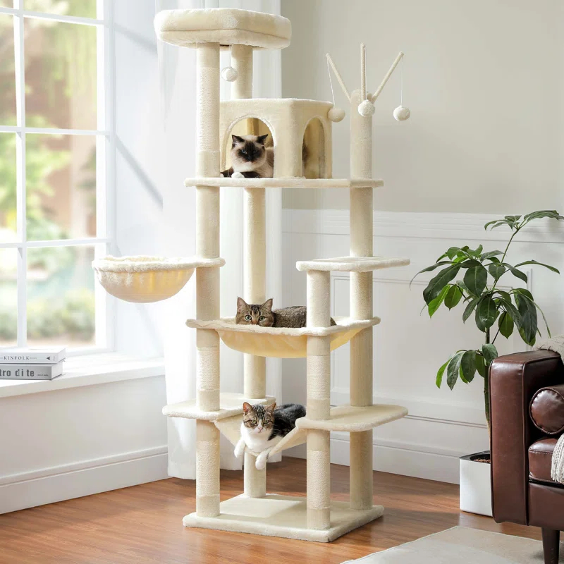 69" Tall Cat Tree Large Cat Tower With Super Big Hammock, Scratching Posts, Condo House And Large Top Perch