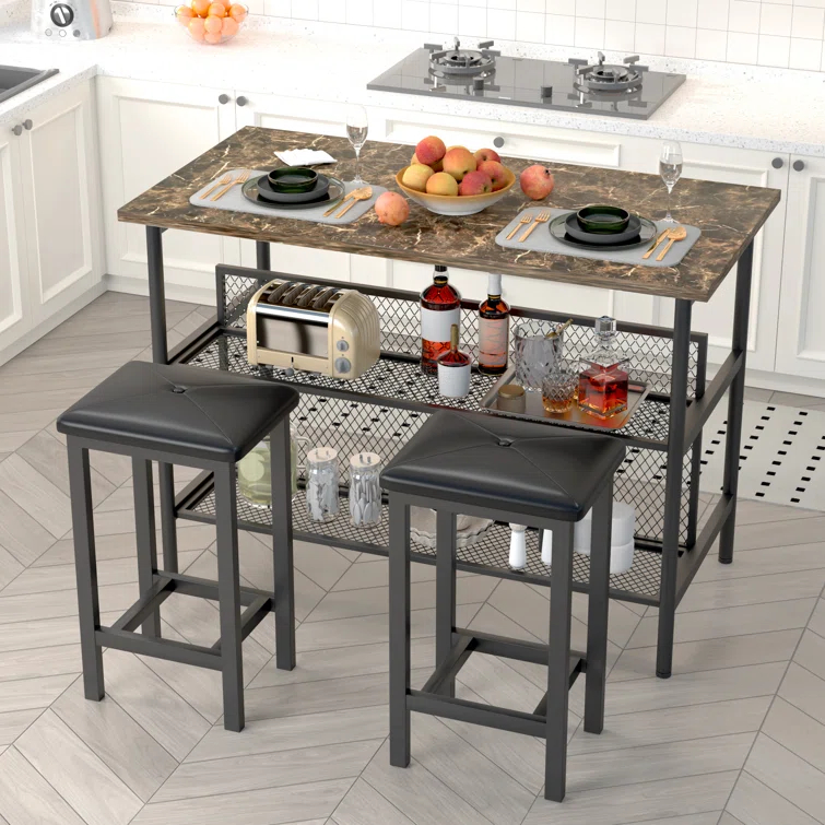 Ebern Designs Helidon 3 - Piece Trestle Dining Set w/2 Stools and 2 Open Shelves,Bar Height Table and Chairs