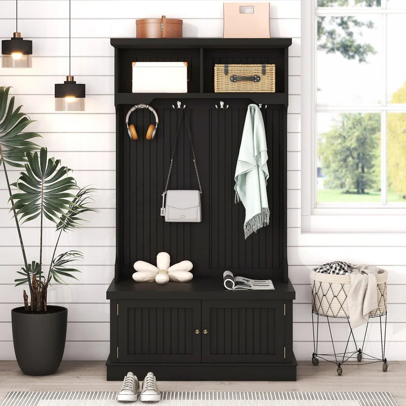 Infinity Hall Tree with Storage Shoe Bench for Entryway and Hallway, 4-in-1 Design Coat Racks with 4 Hooks for Living Room, Black