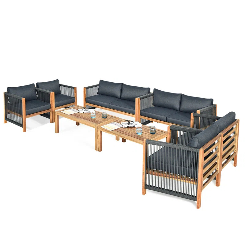 Highland Dunes Menges Outdoor Patio 4 Pieces Acacia Wood Sofa Set with Cushions