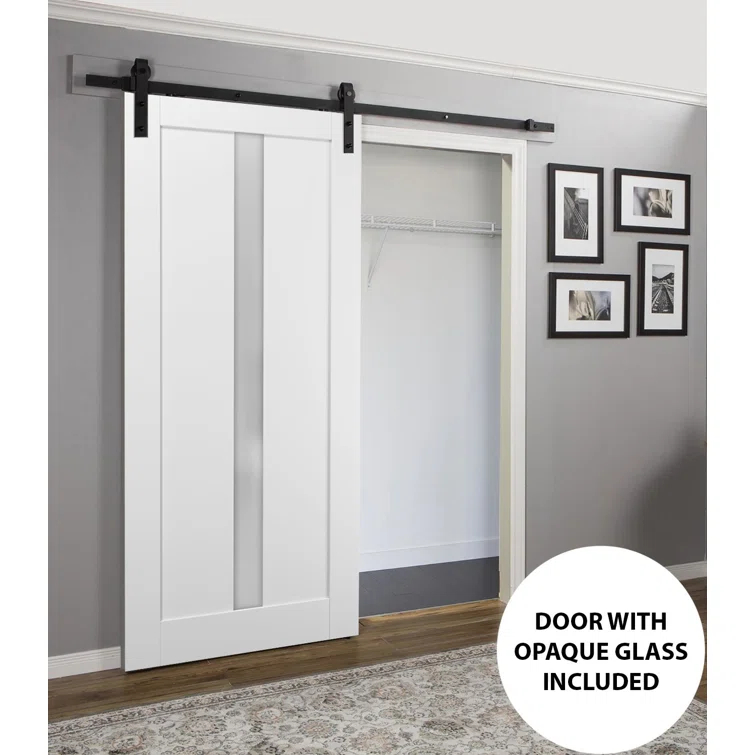 SARTODOORS Quadro Frosted Glass Barn Door with Installation Hardware Kit