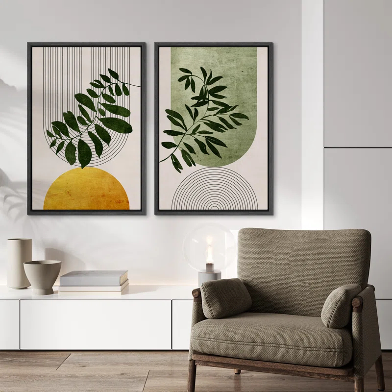 IDEA4WALL Mid Century Modern Boho Green Yellow Bright Plant Art Framed Canvas 2 Pieces Print  Wall Art Set