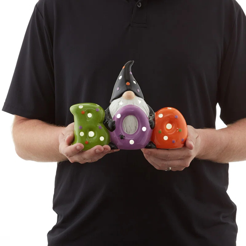 Pre-Lit Ceramic Halloween BOO Gnome Hand-Painted Tabletop Decor