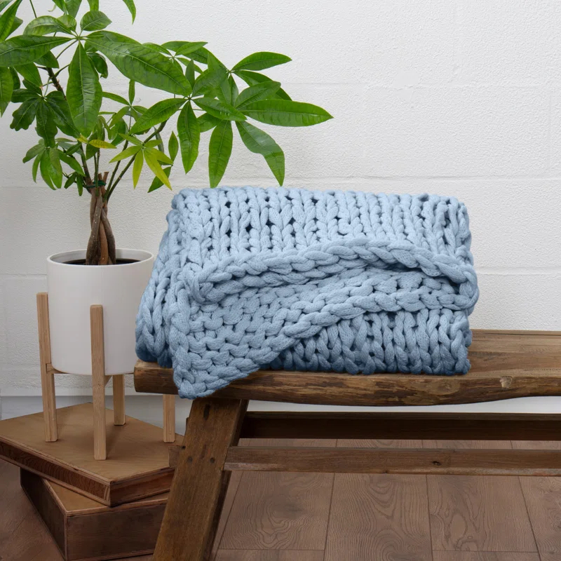 Light Blue Chunky Knit Throw Blanket, One Size, by Noble Linens