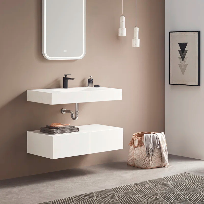 40 in. Wall-Mount or Countertop Bathroom Sink V-Shape Drain Solid Surface Material
