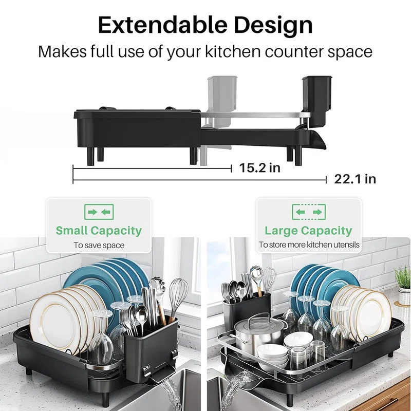 Fabhob Expandable Dish Rack for Kitchen Counter, Stainless Steel Dish Drainer with Drainboard Set and Utensil Holder
