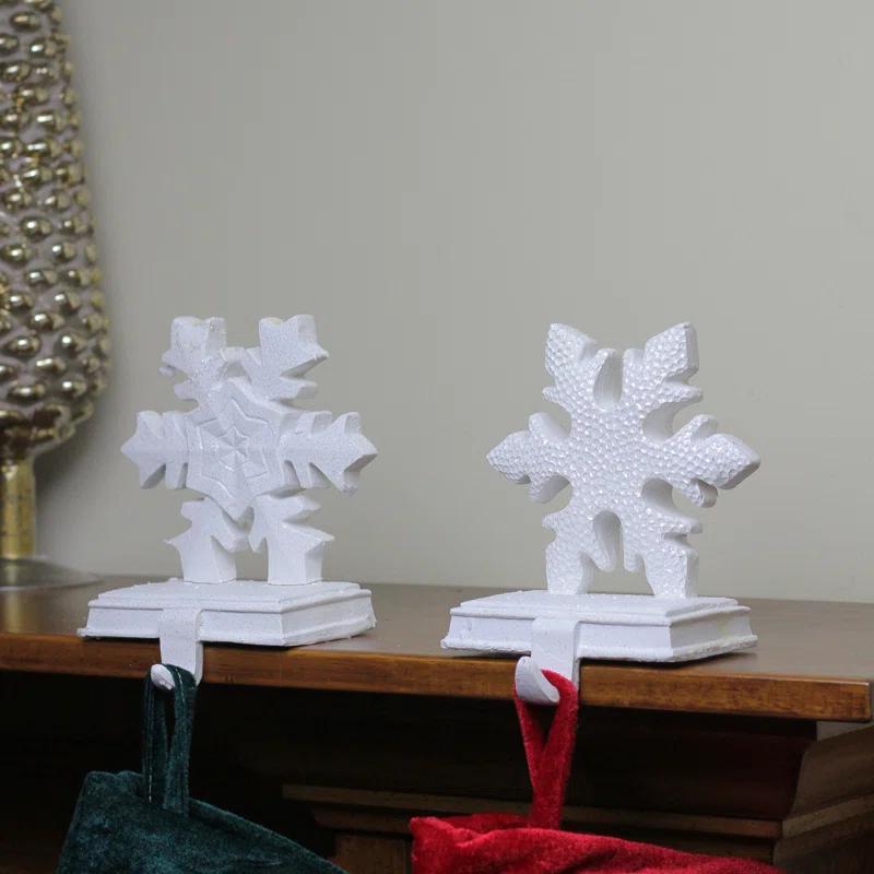 Set of 2 White Glittered Snowflake Christmas Stocking Holder 6.5"