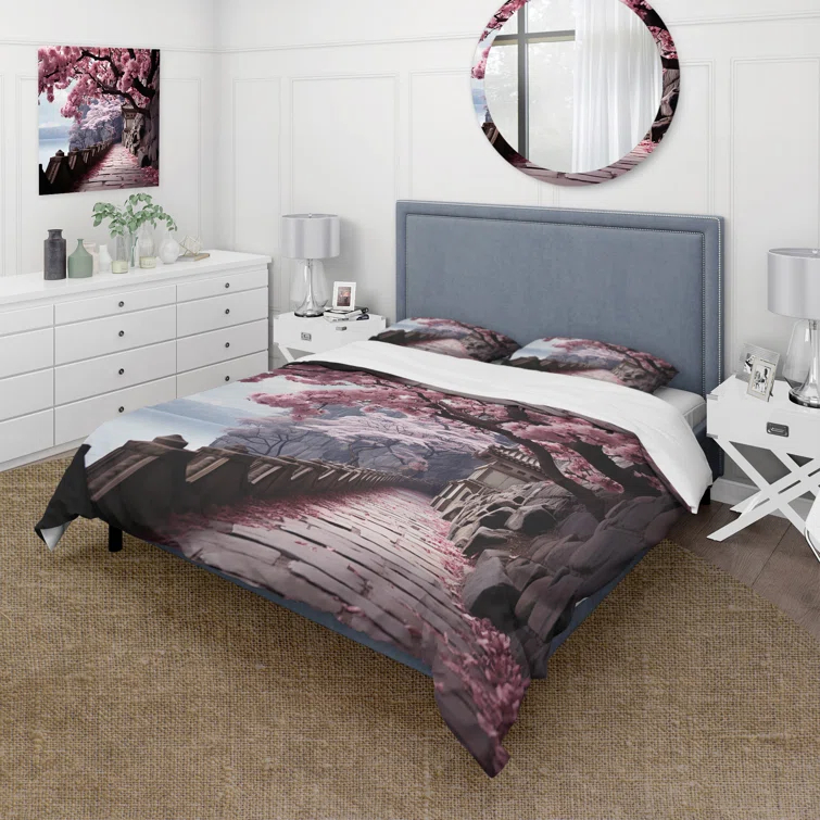 Design Art Japan Art Cherry Blossom Pink Path - Japan Art Duvet Cover Set - Microfiber Polyester