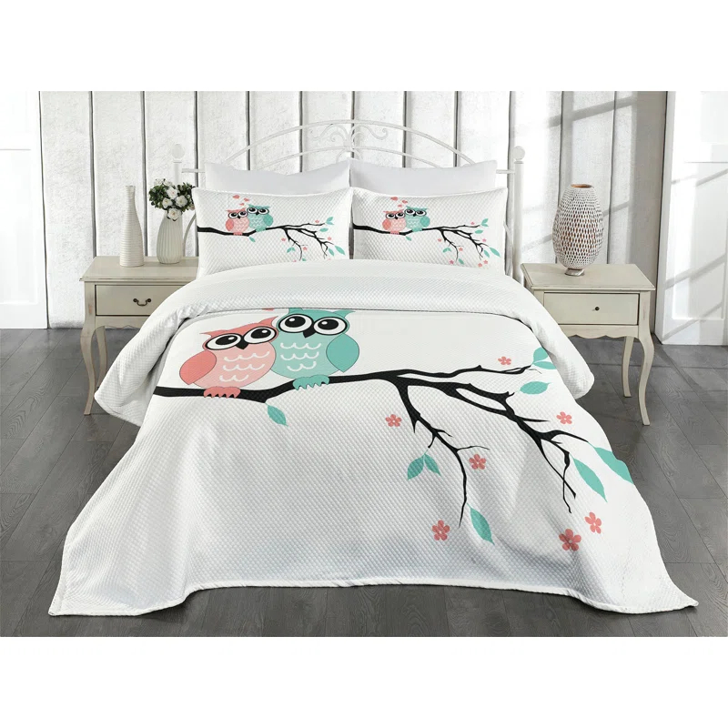 Ambesonne Ambesonne Teal and White Bedspread Set Owl Couple Turquoise Coral Black