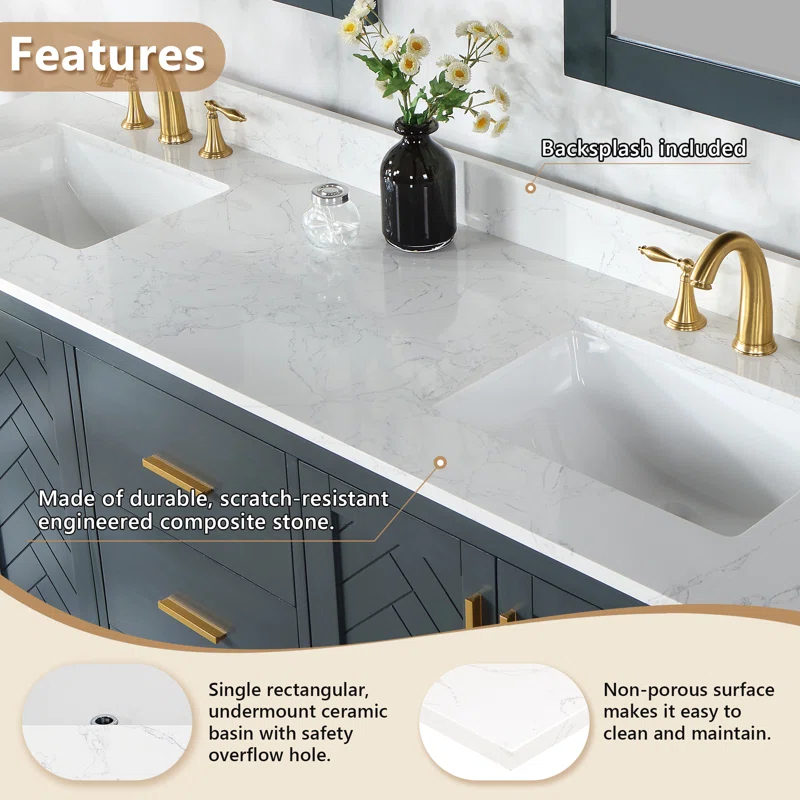 Ceres 73" Engineered Stone Double Bathroom Vanity Top with Sink