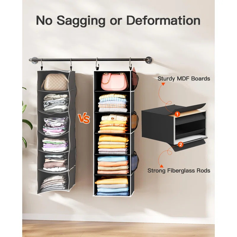 Rebrilliant Hanging Closet Organizer 6-Shelf with 3 Removable Drawers & Side Pockets