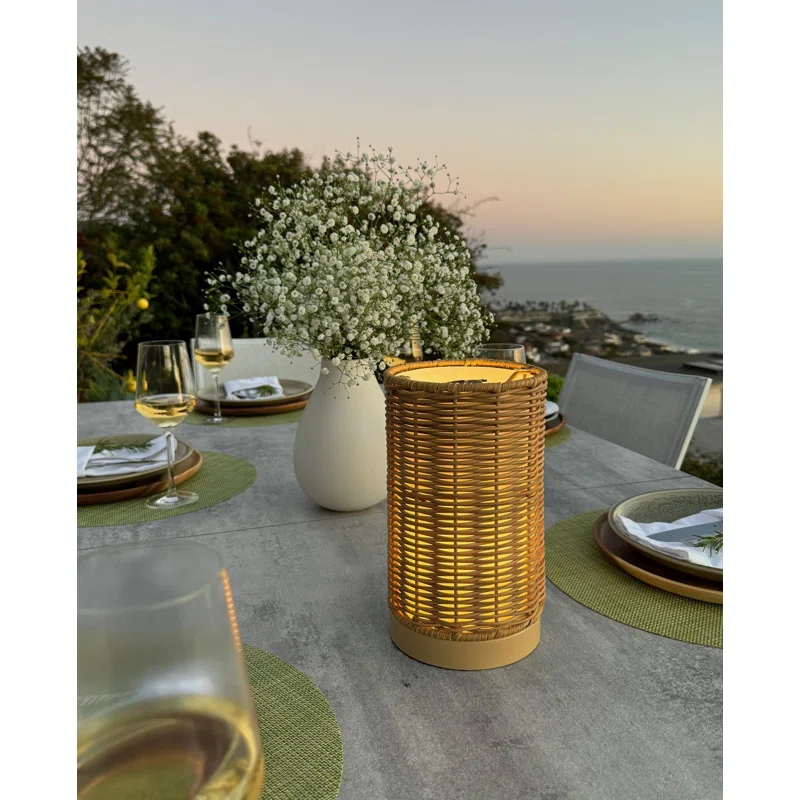 Kouboo All Weather Wicker Indoor/Outdoor Rechargeable LED Drum Table Lamp, Natural Color