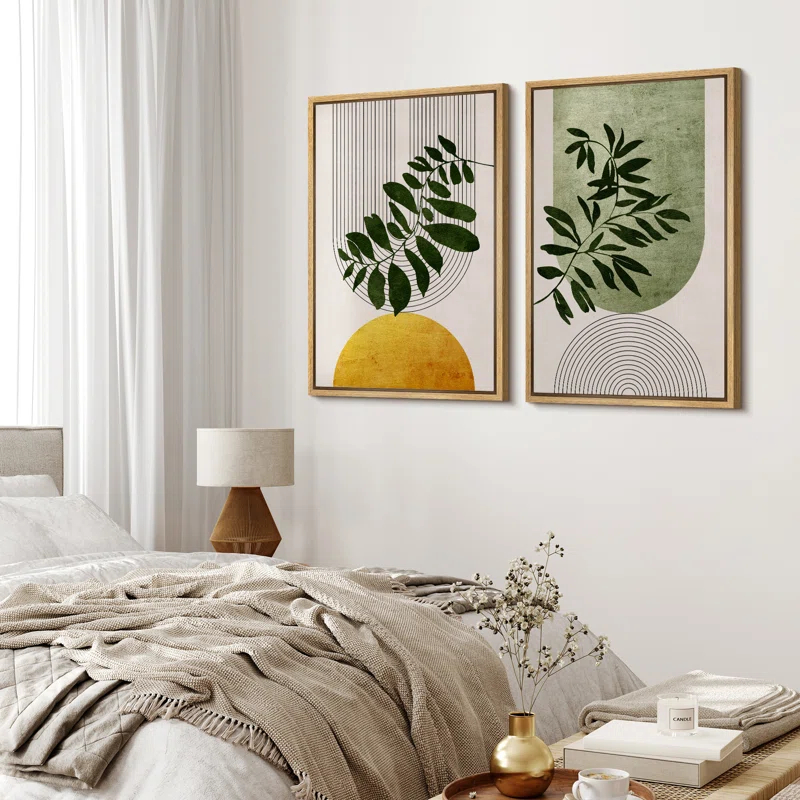 Mid Century Modern Boho Green Yellow Bright Plant Art Framed Canvas 2 Pieces Print  Wall Art Set