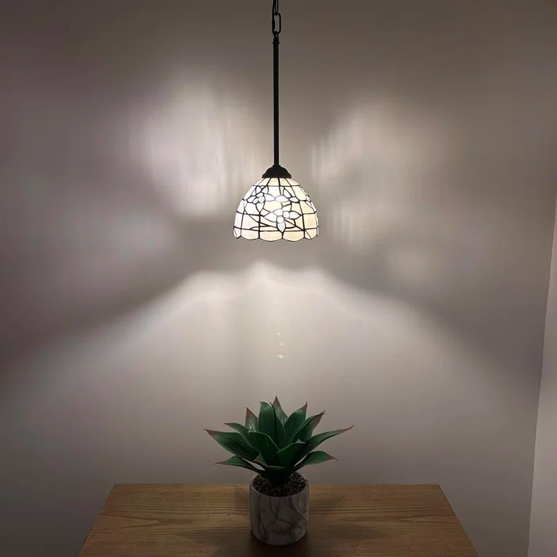 Fleur De Lis Living Tiffany Mini Pendant Lights White Stained Glass Flowers LED Bulb Included 8"W*8"D*60"H